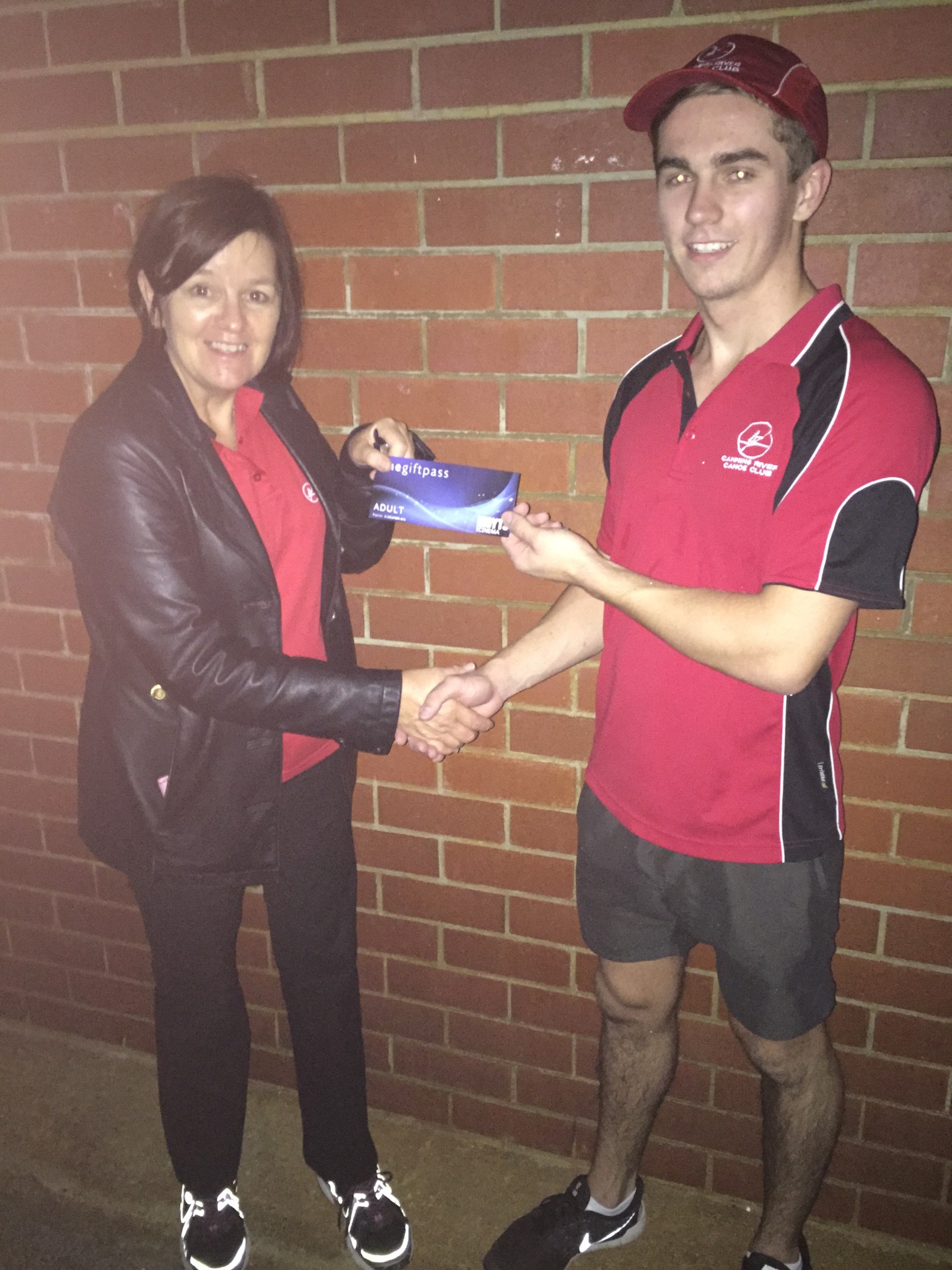 Tues 17th May 2016 : Judith Thompson presenting Jake with a movie voucher.