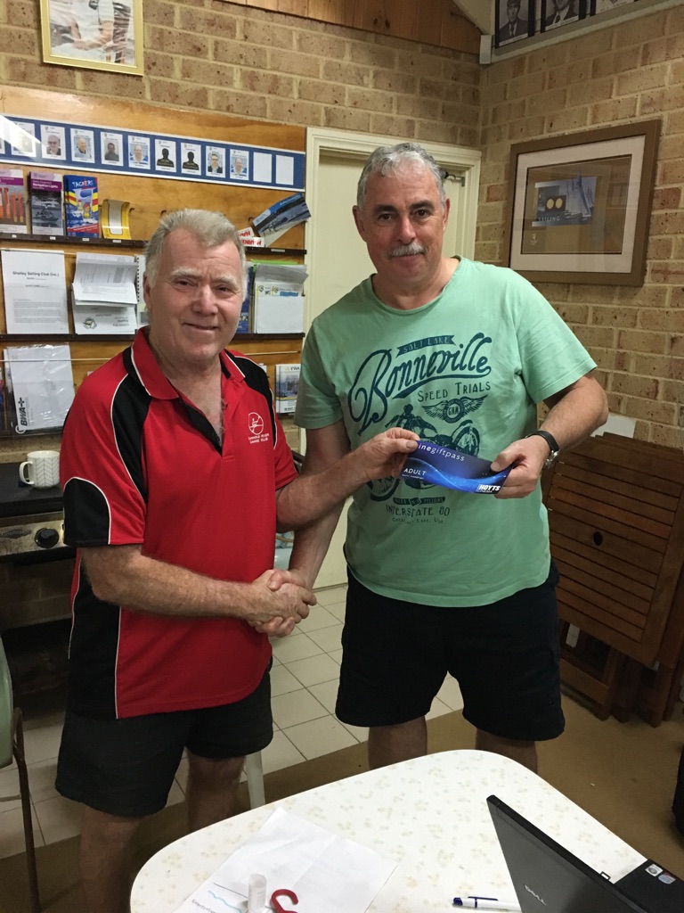 Tues 2nd May 2017 : Club member David Gardiner presenting tonights winner Louis Botes with a movie voucher
